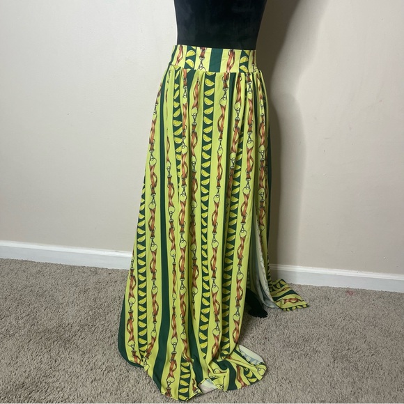 CQ by CQ Women’s Green Striped Lemon Wedge Harness Print High Split Maxi Skirt M - Picture 1 of 7